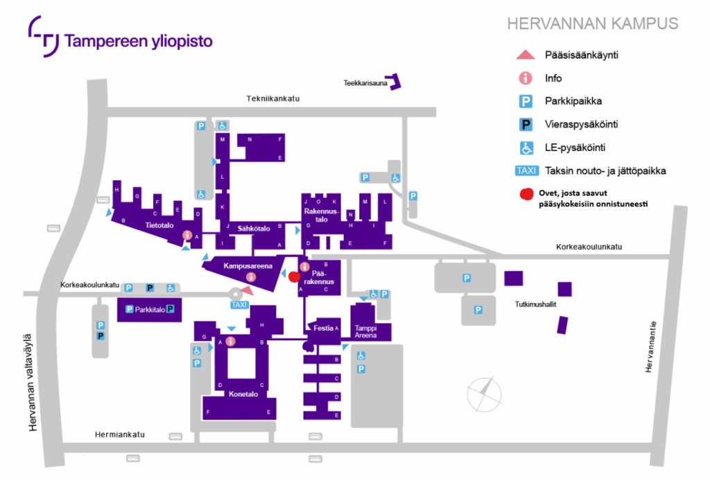 Hervannan kampuksen kartta. Kampusareenan ovi merkitty punaisella: ovet josta saavut pääsykokeisiin onnistuneesta